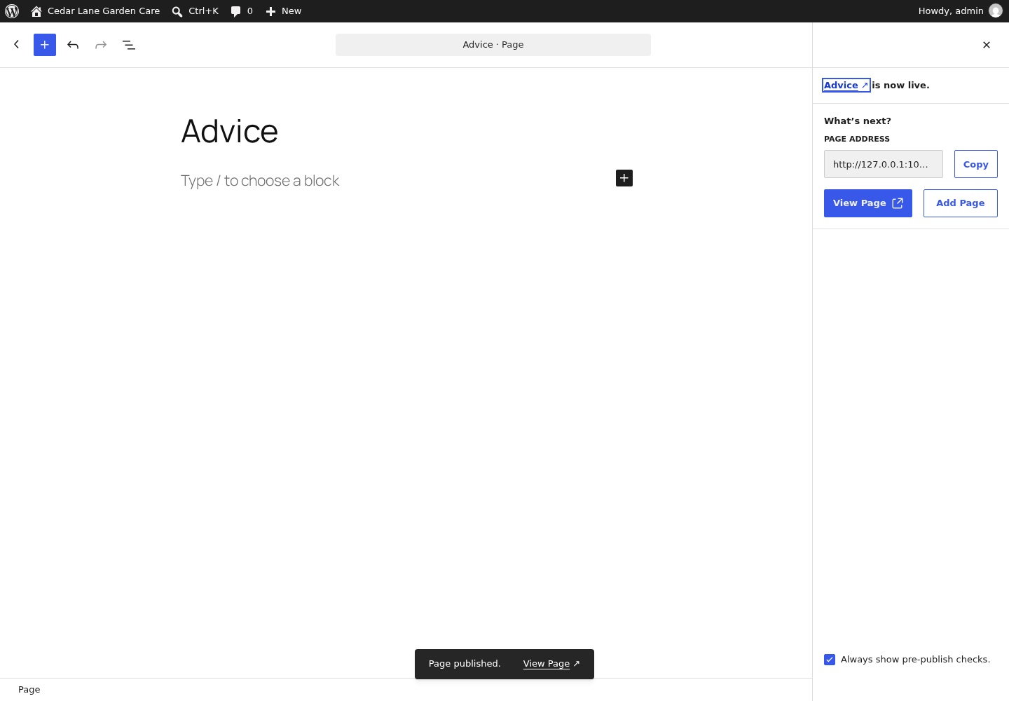 Published empty Advice page before assigning its Posts page role.